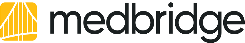 Medbridge logo with lowercase text and a yellow graphic on the left.